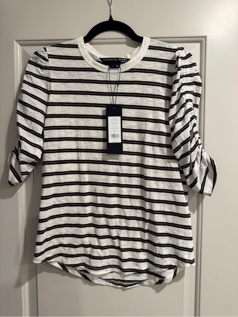 Veronica Beard White Striped Short-Sleeve Puff Sleeve Tee